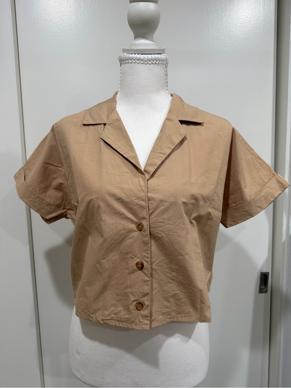 Mango Cropped Short-Sleeve Button Front Top in Tan